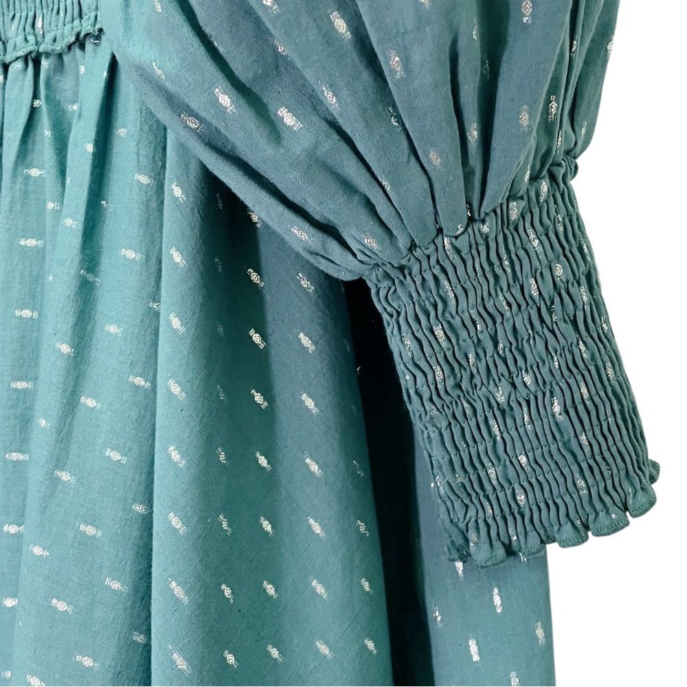 Abacaxi Eva Dress Teal Metallic Cotton Maxi Puff Sleeve Smocked Bodice Sz Large - Picture 10 of 16